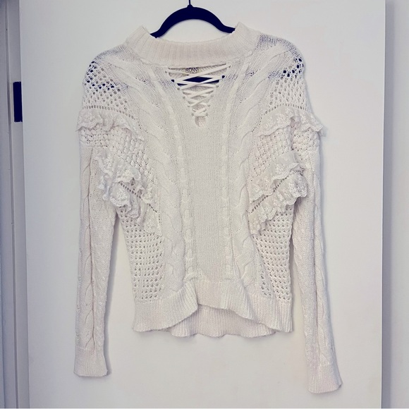 Torn by Ronny Kobo white lace up ruffle sweater - Picture 4 of 11